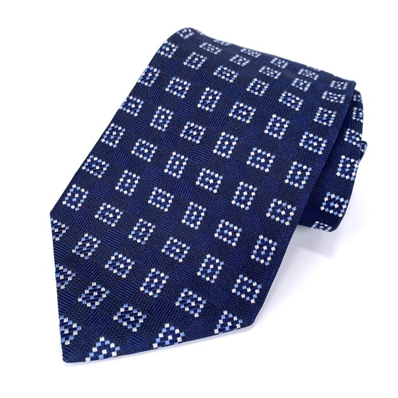 IKE BEHAR Mens Tie Blue & White Diamond Geometric Fourlard Design Repp Woven - Picture 2 of 6